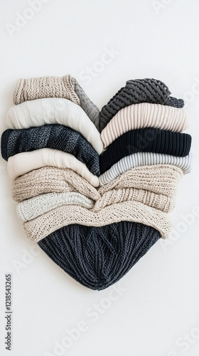 A collection of folded knit sweaters arranged in a heart shape, featuring neutral tones of beige, cream, gray, and black, creating a cozy, stylish, and minimal aesthetic on a white background. photo