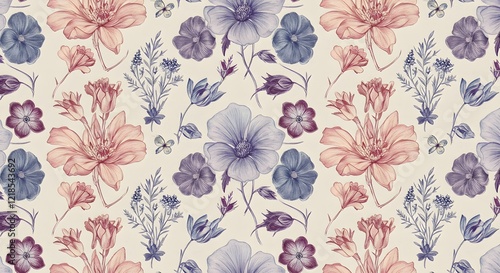 Wallpaper Mural Wildflower motifs with intricate details, arranged in a balanced repeating pattern Torontodigital.ca