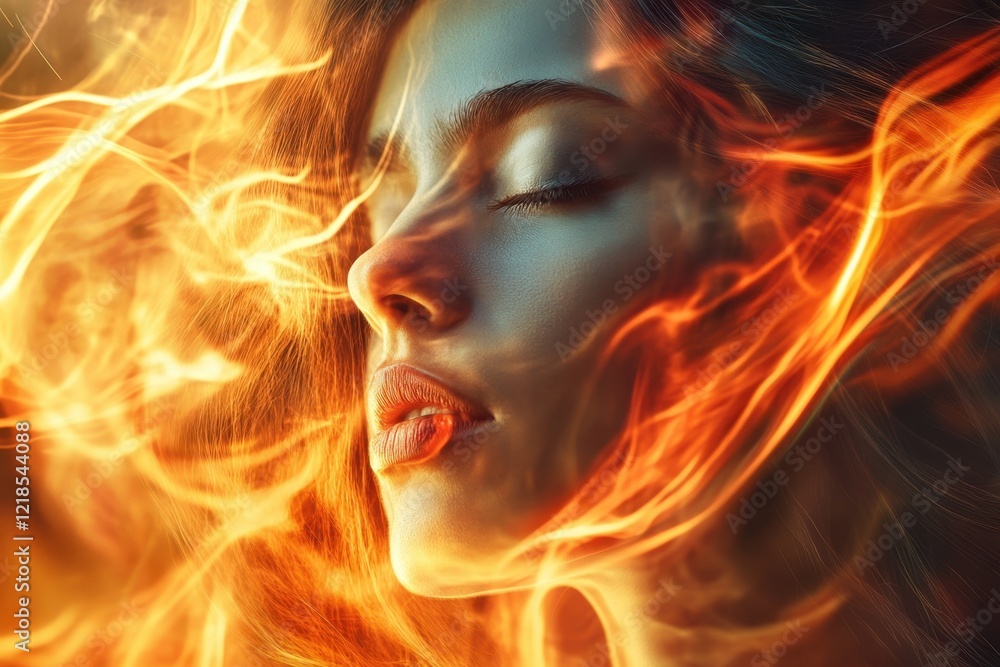 A woman with closed eyes is enveloped in vibrant flames, portraying deep emotions and beauty A woman with closed eyes is enveloped in vibrant flames, portraying deep emotions and beauty