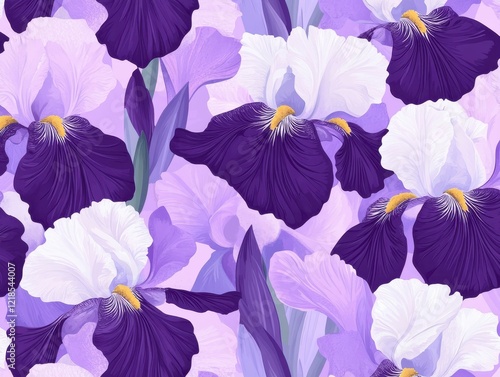 A Seamless Pattern of Purple and White Irises with Green Leaves on a Light Purple Background