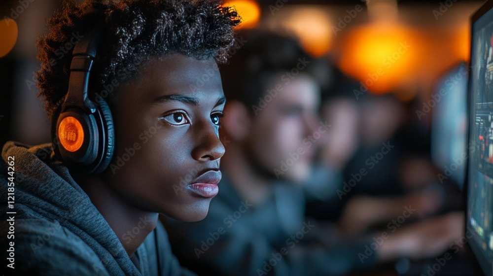 Obraz premium Focused african male teen gaming with headphones in cyber cafe