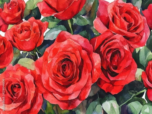 A Seamless Pattern of Red Roses with Gray Leaves on a White Background