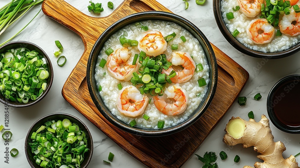 Three bowls of shrimp rice porridge with green onions on a white countertop. Three bowls of shrimp rice porridge with green onions on a white countertop.