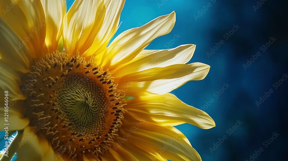 Naklejka premium Vibrant Sunflower Against Smooth Blue Background