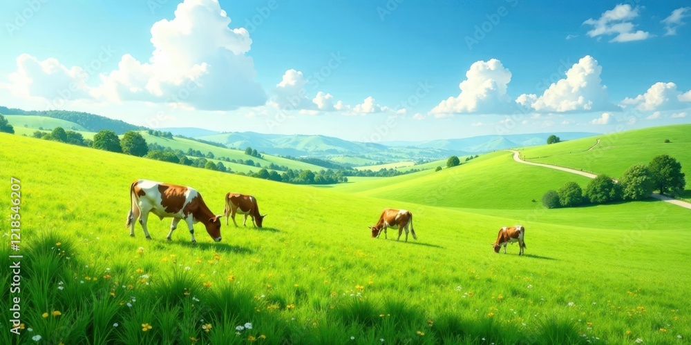 Serene Pastoral Landscape Featuring Three Cows Grazing in a Lush Green Meadow Under a Bright Sunny Sky with Rolling Hills in the Background Serene Pastoral Landscape Featuring Three Cows Grazing in a Lush Green Meadow Under a Bright Sunny Sky with Rolling Hills in the Background