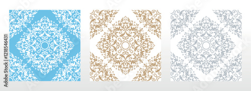 Wallpapers in the style of Baroque. Seamless vector backgrounds. Set of colored floral ornaments. Graphic patterns for fabric, wallpaper, packaging. Ornate Damask flower ornamentsbackground. White and