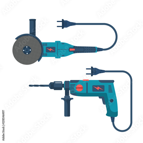 Hand drill. Angle Grinder. Manual electric tool. Equipment for repair and housework. Vector illustration flat design. Isolated on white background.