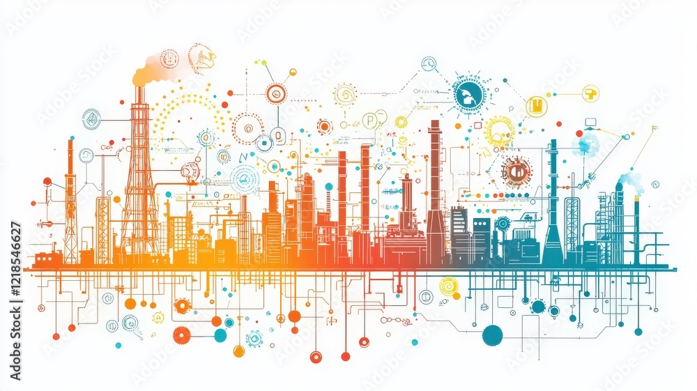 A colorful silhouette of an industrial skyline with smokestacks, gears, and abstract technology elements, representing innovation and manufacturing. A colorful silhouette of an industrial skyline with smokestacks, gears, and abstract technology elements, representing innovation and manufacturing.