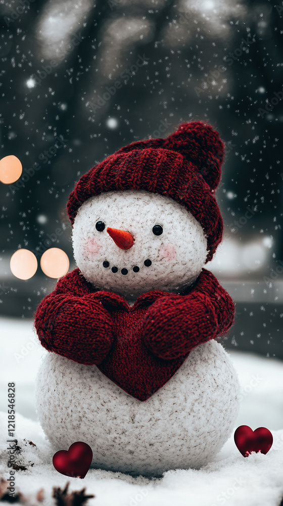 Heart-shaped snowman in snow with red scarf and mittens: Snowy Valentines Day Aesthetics Heart-shaped snowman in snow with red scarf and mittens: Snowy Valentines Day Aesthetics