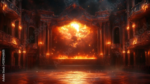 Majestic Bayreuth Festival invitation card showcasing Wagnerian opera scenes musical notes and radiant theater visuals with a blank text area in the bottom right corner for personalized messages