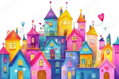  illustration of colorful whimsical village houses 