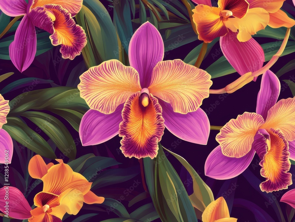 Fototapeta premium A Seamless Pattern of White and Purple Orchids with Dark Green and Purple Tropical Leaves on a Dark Purple Background