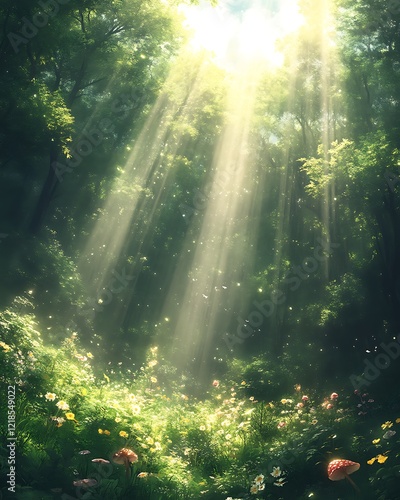 Wallpaper Mural Sunbeams illuminate a magical forest clearing with wildflowers and mushrooms. Torontodigital.ca