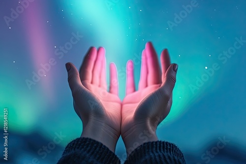 A captivating image of hands reaching out under a vibrant aurora borealis, symbolizing wonder and connection to nature. photo