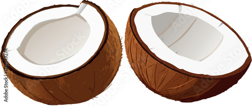 Two halves of ripe coconut showing white flesh and brown shell