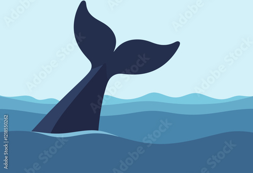 Simple Whale Tail Illustration, Flat Design, Water Scene, Minimalist Style, Ocean Graphic, Marine Life Art, Isolated Object, Clean Lines, Vector.

