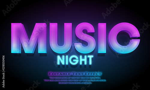 ”Music Night” Editable title logo text style effect in blue Neon, sans serif typeface
