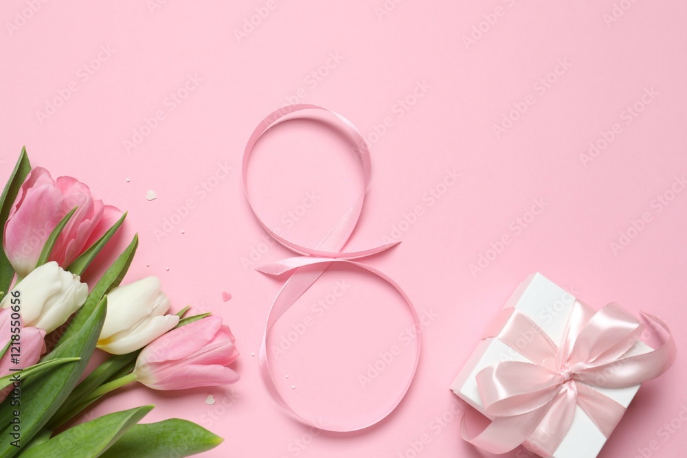 8 March greeting card design with tulip flower, top view. Happy International Women's Day 8 March greeting card design with tulip flower, top view. Happy International Women's Day