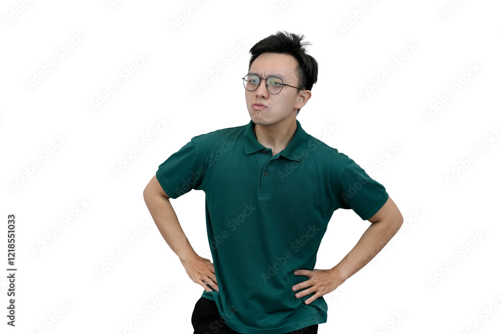 Confident Individual Standing with Hands on Hips and Thoughtful Expression on a white isolated background Confident Individual Standing with Hands on Hips and Thoughtful Expression on a white isolated background