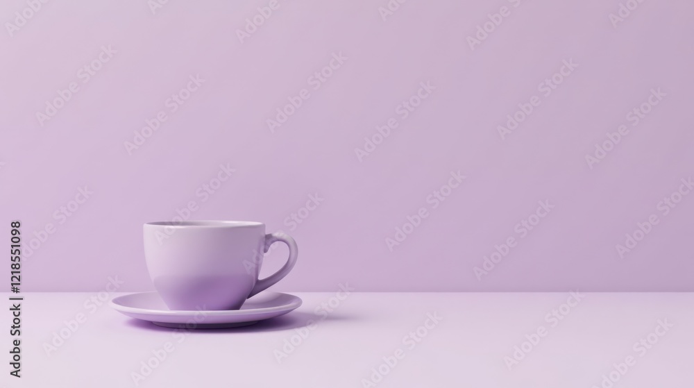 Fototapeta premium A single lavender cup and saucer rests on a pale purple surface against a matching background, a minimalist scene of serenity and calm.