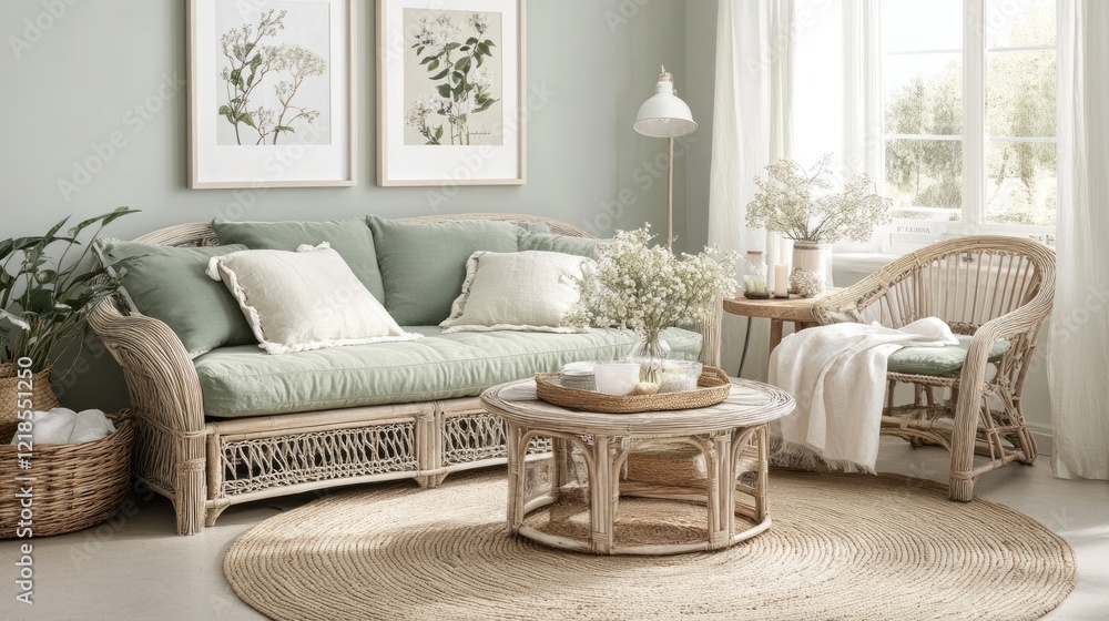 Obraz premium Coastal living room with rattan sofa, chair, and coffee table.