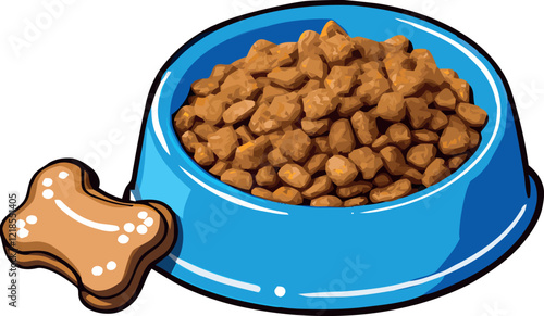 Blue bowl full of dry dog food and bone shaped biscuit