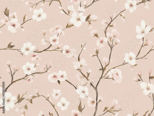 A Seamless Pattern of Light Pink Cherry Blossoms with Brown Branches on an Off-White Background