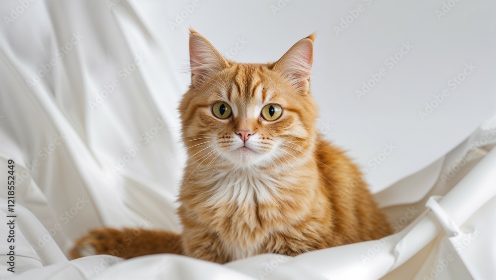 Portrait of a cute orange cat on a bed with big eyes and soft fur Portrait of a cute orange cat on a bed with big eyes and soft fur