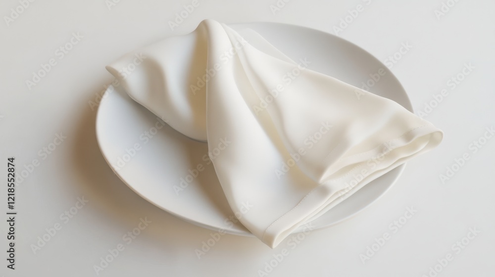 Elegant white napkin elegantly draped on a round plate with a minimalist design in a soft light setting Elegant white napkin elegantly draped on a round plate with a minimalist design in a soft light setting