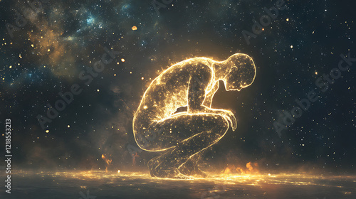 A glowing figure kneeling under a starry sky, pledging their heart to the cosmos. (1)