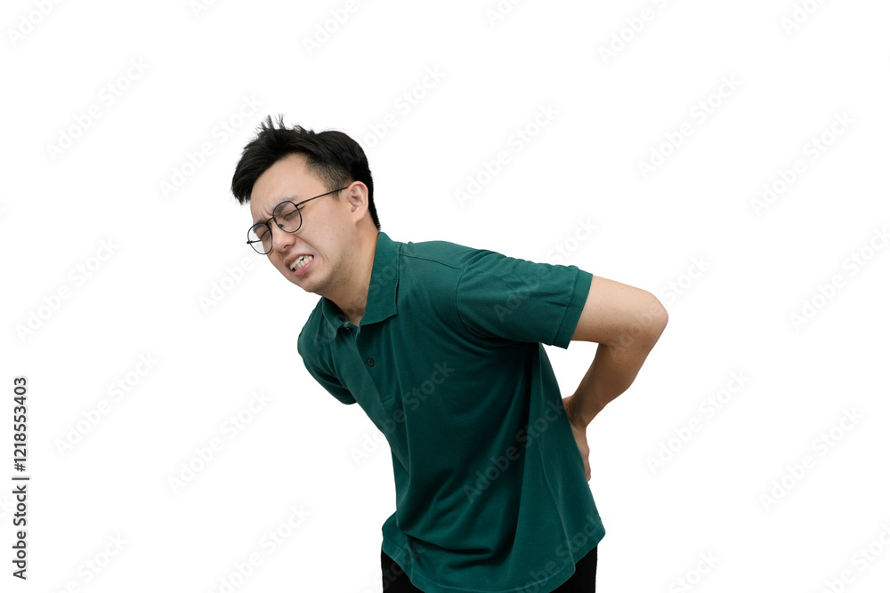 Young asian Man Experiencing Back Pain and Discomfort, Isolated Against Light Background