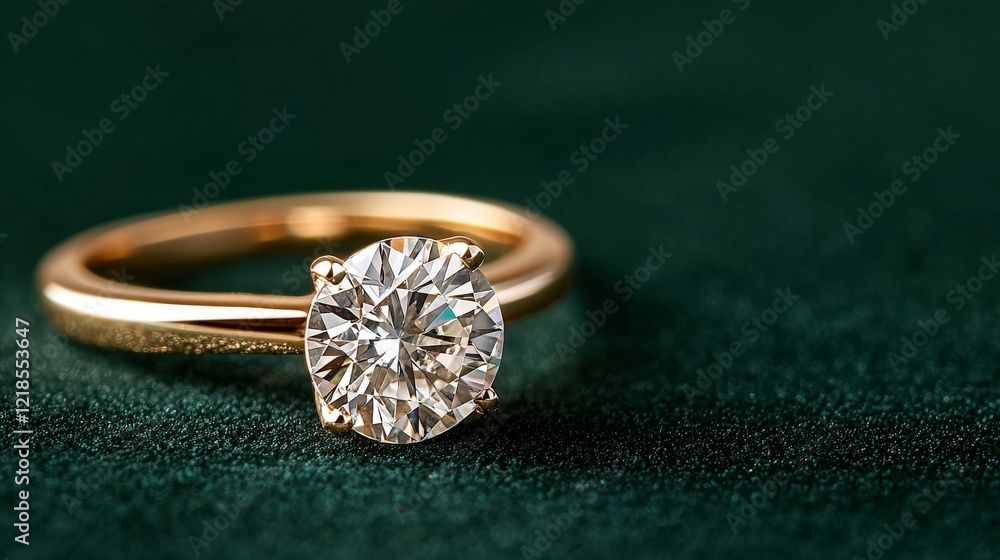 Elegant Diamond Ring on Green Velvet Surface, Sparkling and Shining Brightly, Close-Up Shot, Luxury Jewelry Piece Elegant Diamond Ring on Green Velvet Surface, Sparkling and Shining Brightly, Close-Up Shot, Luxury Jewelry Piece