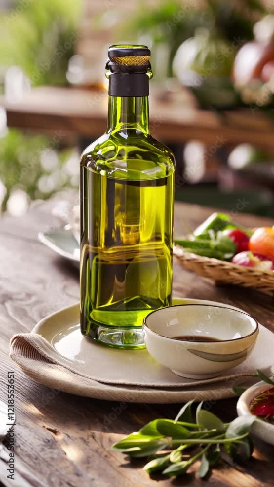 A bottle of olive oil on a rustic table. AI generative. A bottle of olive oil on a rustic table. AI generative.