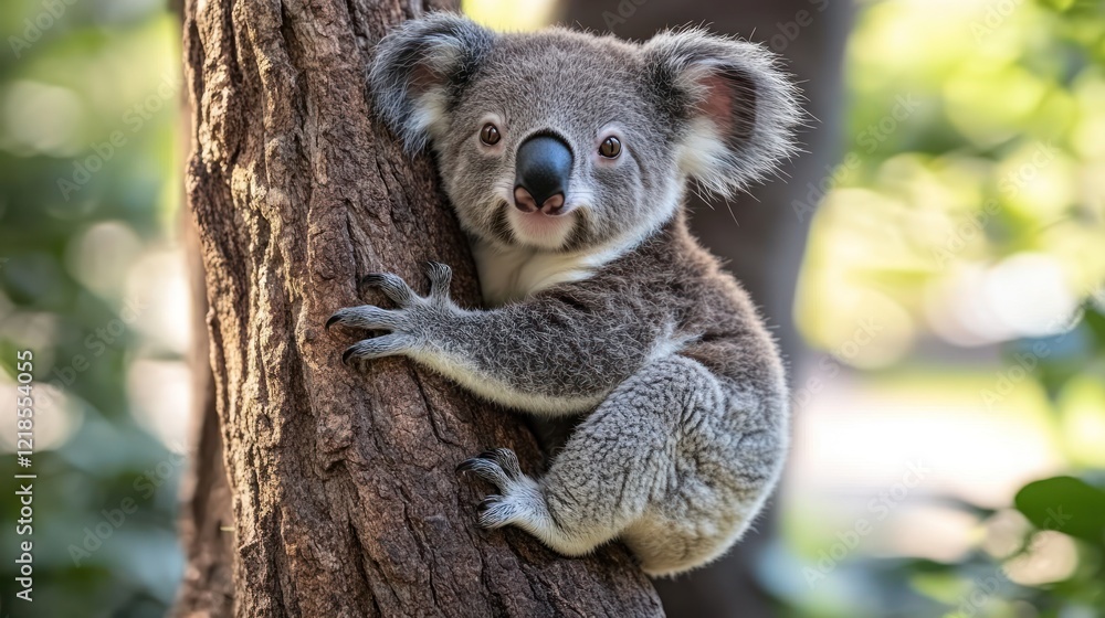 Obraz premium Adorable koala joey clinging to tree trunk in lush forest