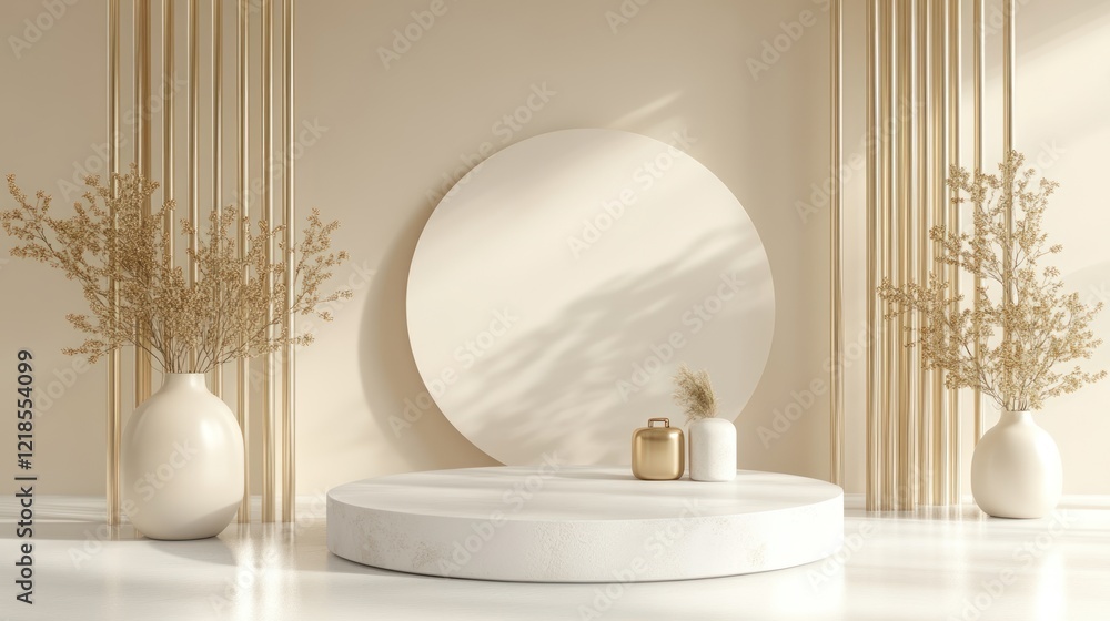 Elegant Minimalist Interior Design with Marble Podium and Dried Flowers Elegant Minimalist Interior Design with Marble Podium and Dried Flowers
