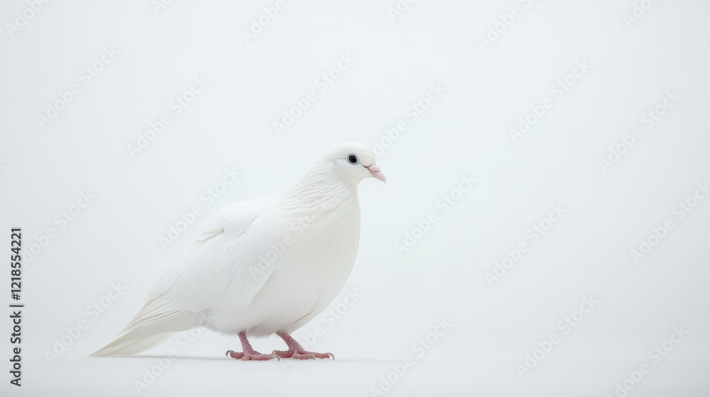 White dove stands peacefully against a soft white backdrop, showcasing its delicate features and serene presence White dove stands peacefully against a soft white backdrop, showcasing its delicate features and serene presence