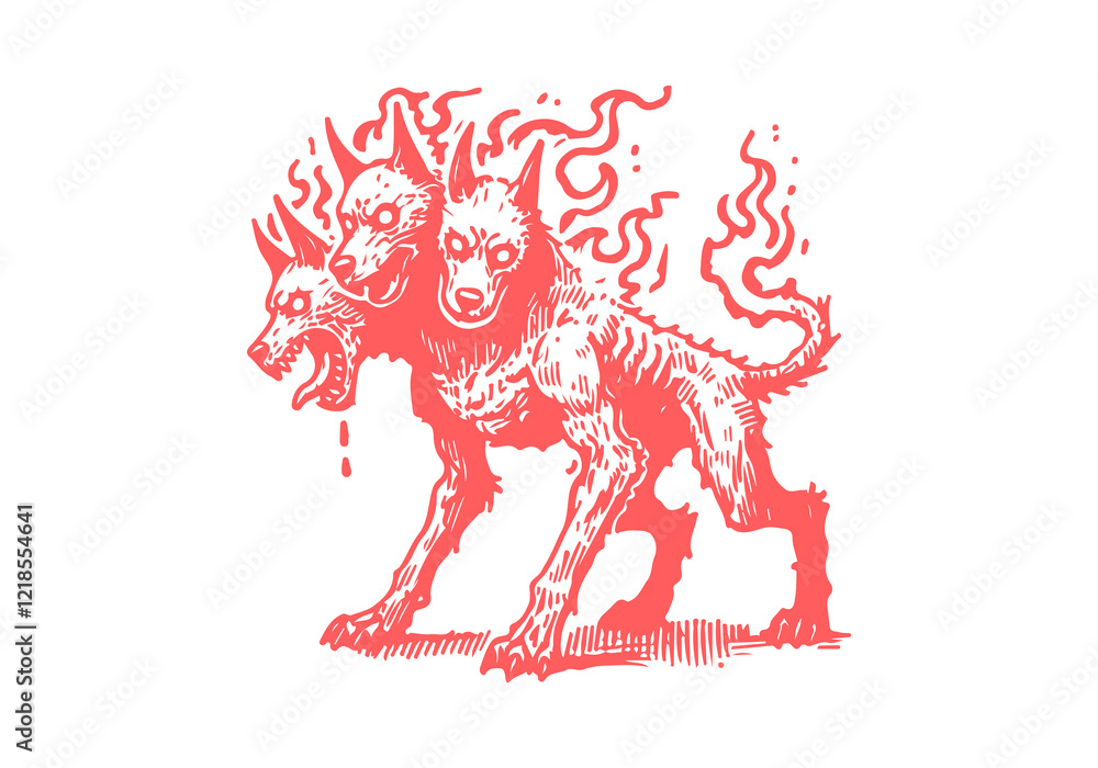 Fototapeta premium Cerberus three-headed dog hand drawn sketch vector