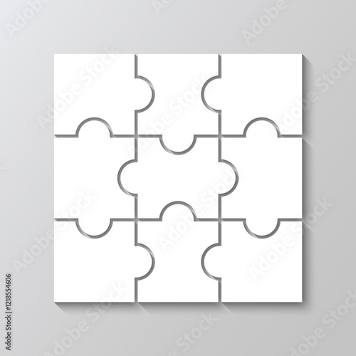 Jigsaw pieces mosaic with 6 details. Puzzle grid template. Layout of thinking mosaic game. White modern background. Infographic diagram. Vector illustration.