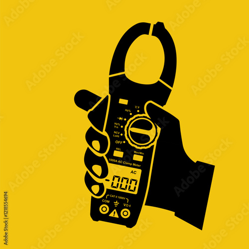 Black icon clamp meter hold in hand of an electrician. Current digital clamp meter. Electrician's measuring tool. Tool or equipment of electrician. Vector illustration flat design.