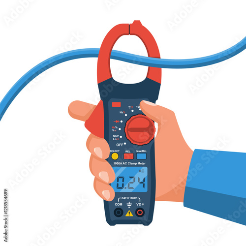 Clamp meter hold in hand of an electrician. Current digital clamp meter. Electrician's measuring tool. Tool or equipment of electrician isolated on white background. Vector illustration flat design.