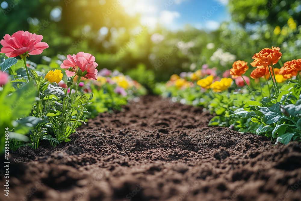 Colorful blooming flowers in vibrant garden with brown soil and sunlight in background Colorful blooming flowers in vibrant garden with brown soil and sunlight in background