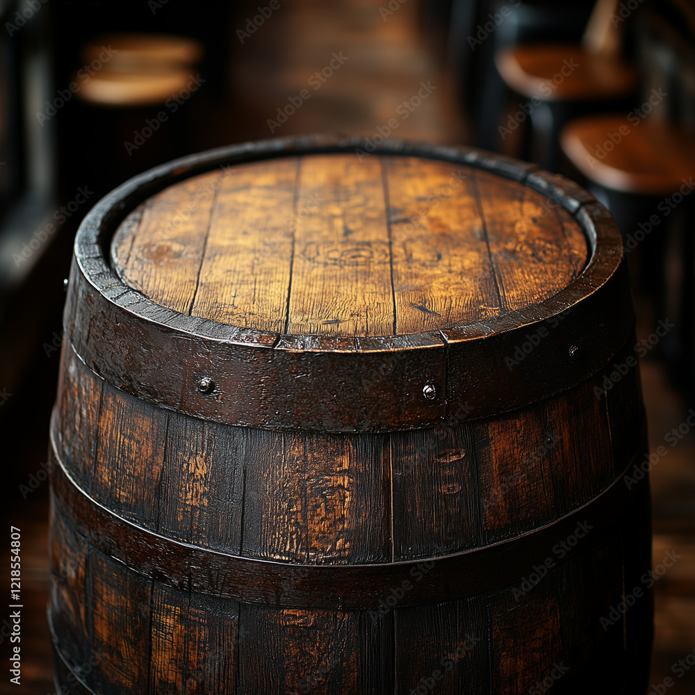 Fototapeta premium Rustic wooden barrel with detailed grain and texture in a cozy interior setting