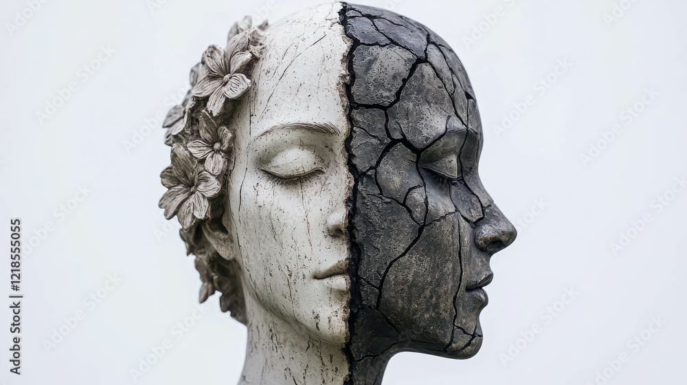 Obraz premium Sculpted Profile of a Woman Split into Contrasting Textures and Patterns of Beauty and Decay