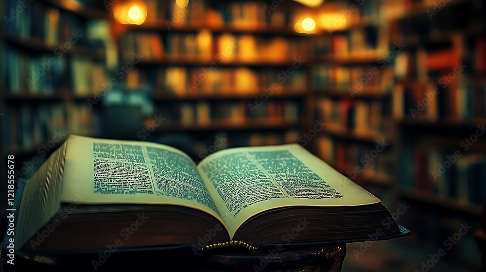 Fototapeta premium A close up of an open book with blurred shelves