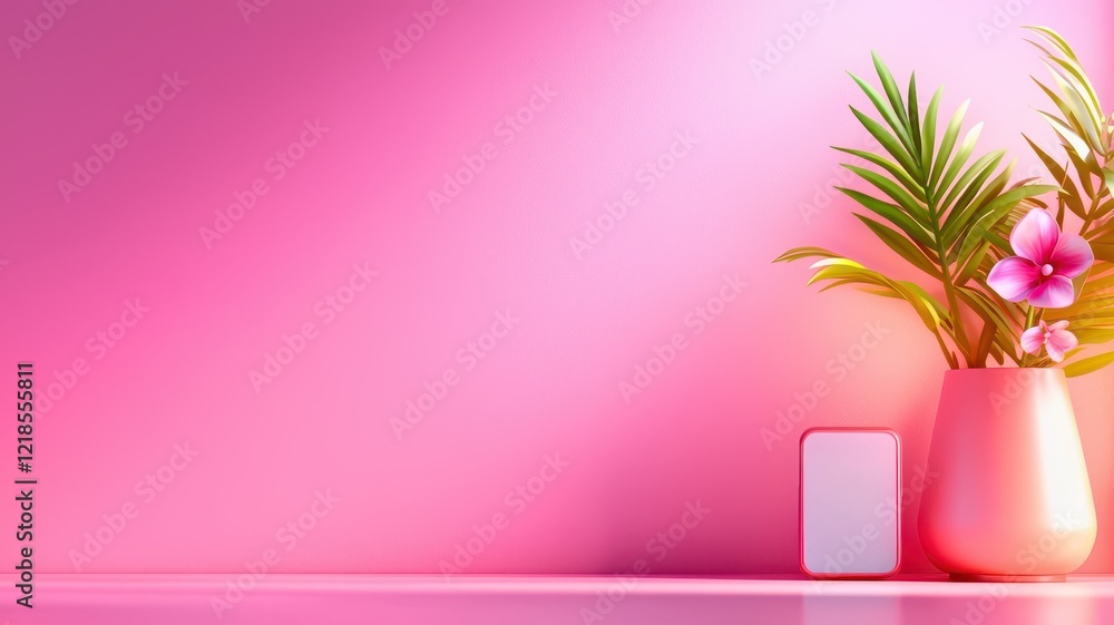 A vibrant pink background features a stylish vase with tropical foliage and flowers, creating a fresh and modern aesthetic. A vibrant pink background features a stylish vase with tropical foliage and flowers, creating a fresh and modern aesthetic.