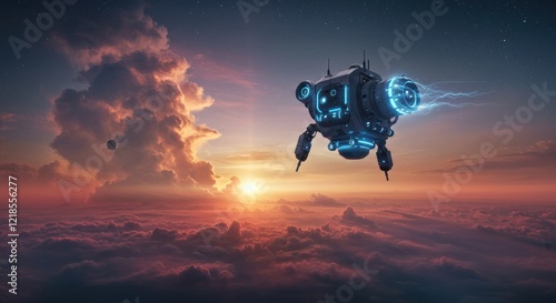 Futuristic Drone Soaring Above Sunset Cloudscape: A Sci-Fi Digital Painting