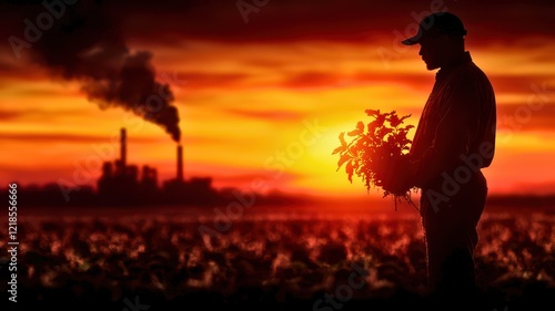A silhouette of a farmer holding plants against a dramatic sunset, with industrial smokestacks emitting smoke in the background.