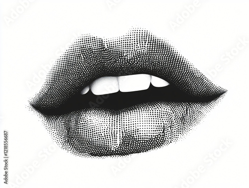 Sensual Lips in Halftone: A close-up shot of alluring lips rendered in a striking halftone pattern, creating a captivating interplay of light and shadow.