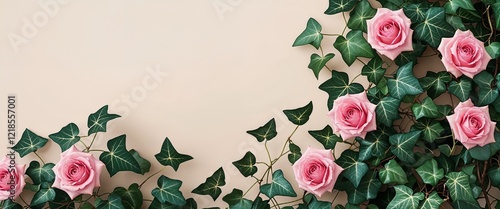 Ivy leaves with pink roses displayed on a plain cream background