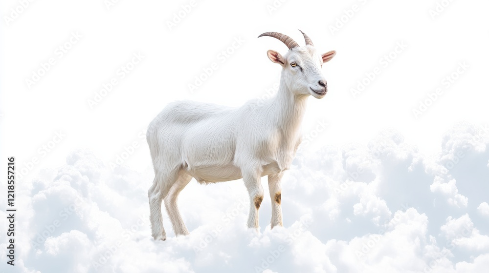 Fototapeta premium Goat standing on fluffy clouds against a bright white background in a serene and peaceful atmosphere